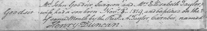 Birth and baptism entry for Harry Goodsir