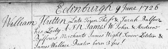 Birth and baptism entry for James Hutton