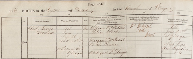 Birth record for Charles Rennie Mackintosh