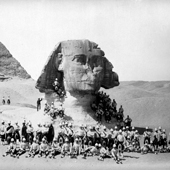 Photograph of soldiers of The Black Watch, (Royal Highlanders) standing in front of the Sphinx after the battle of Tel-el-Kebir, 1882 (Crown Copyright, National Records of Scotland, GD483/26/2)