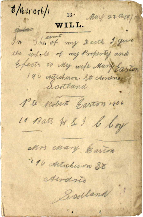Will of Private Robert Easton, 23 May 1915 (NRS, SC70/8/169/1/3)