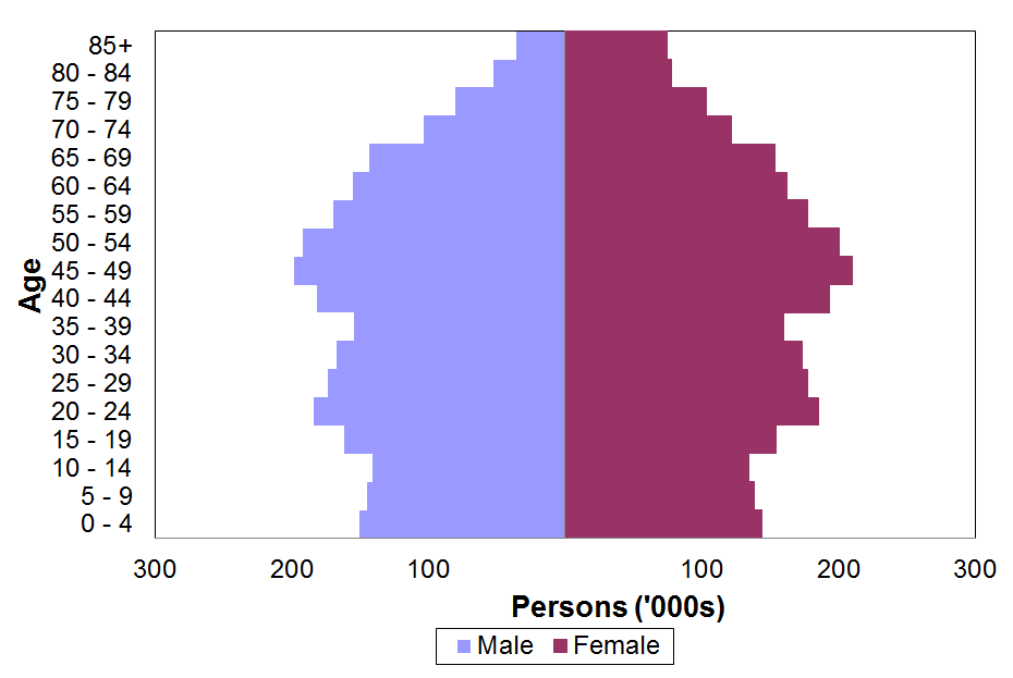 Graph showing estimated population by age and sex in 2013