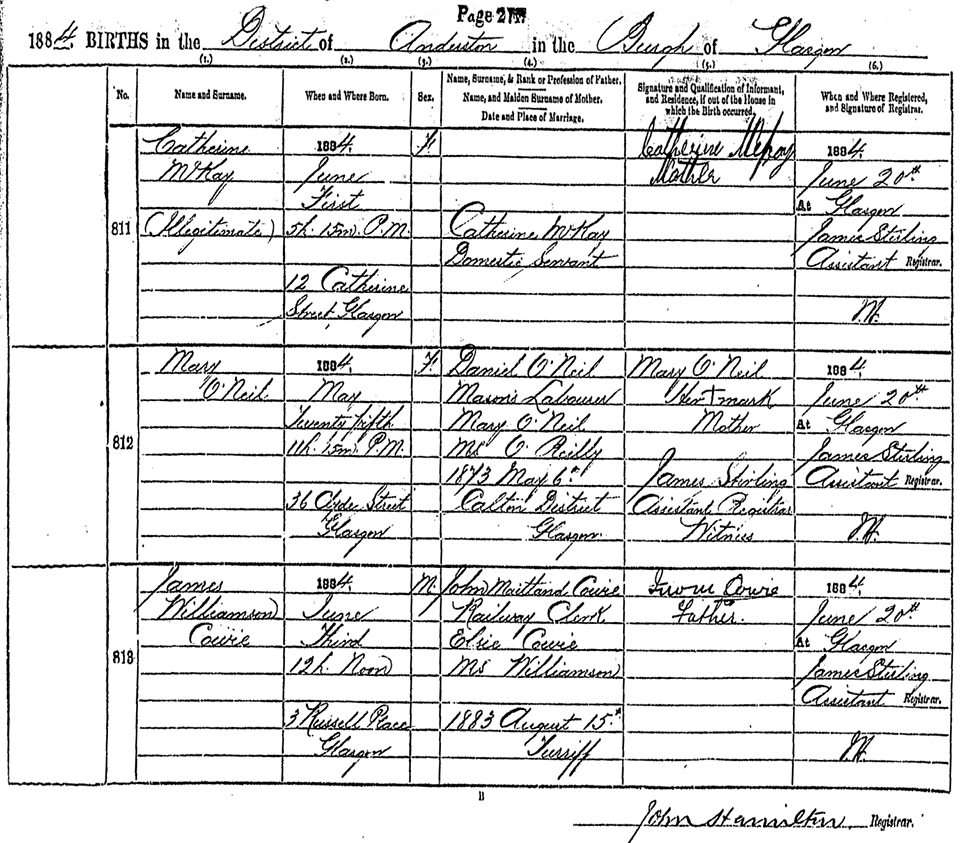 Image of Record of birth for James Williamson Cowie