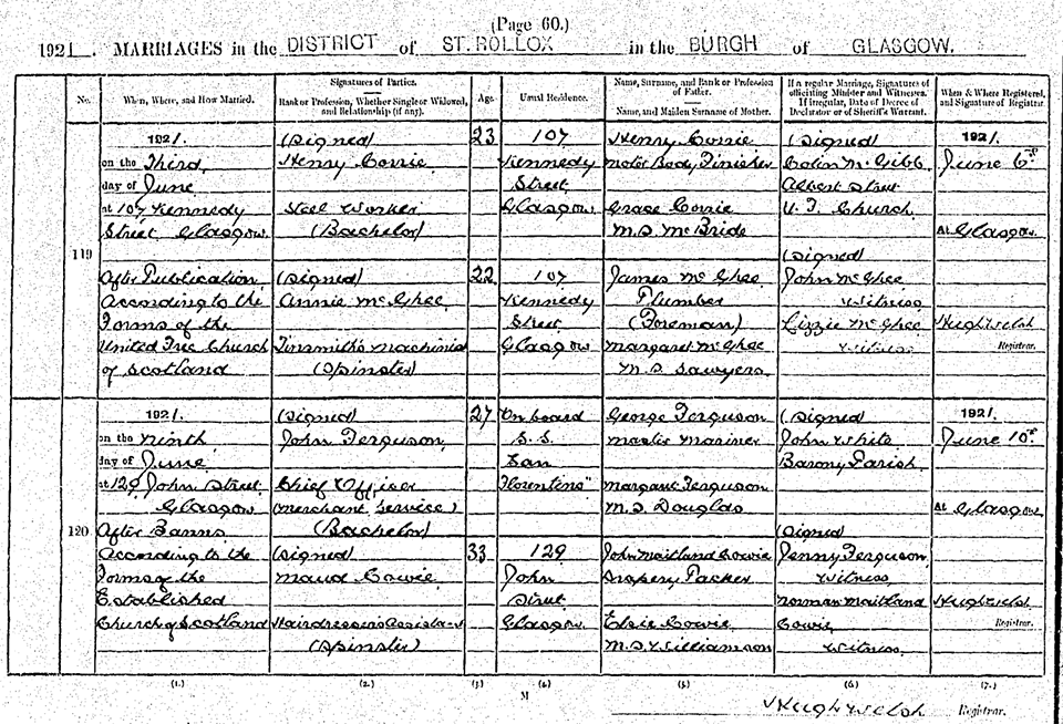 Image of Record of marriage for Maud Cowie and John Ferguson, 1921