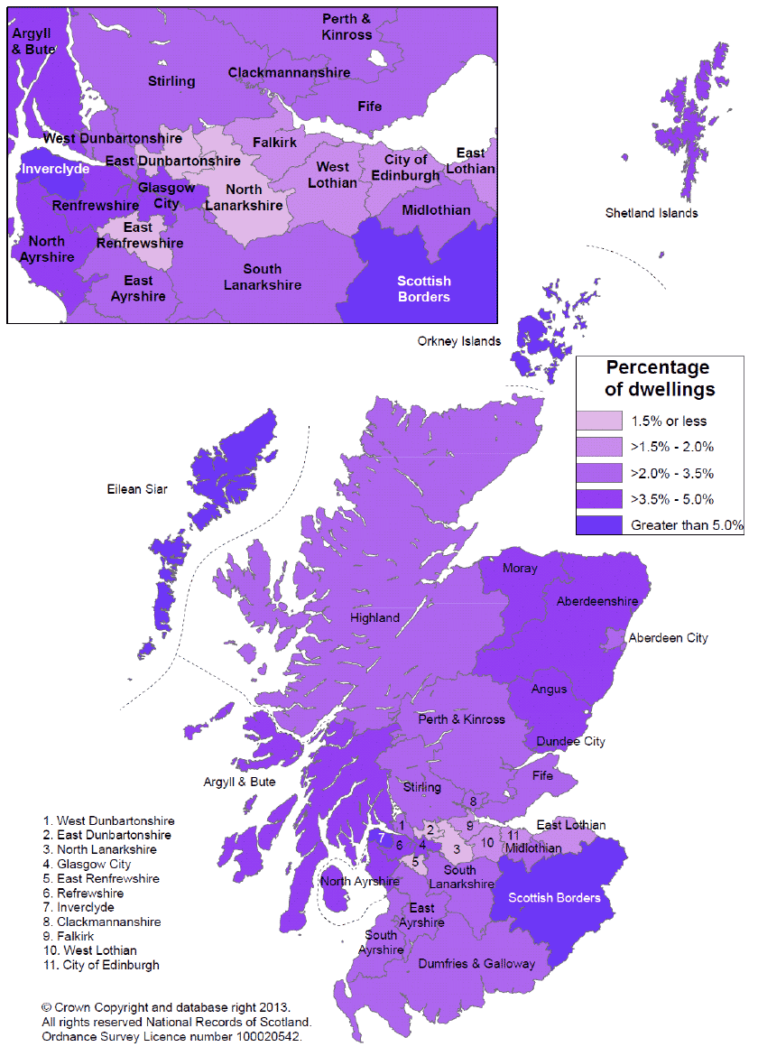 Figure 7: Percentage of dwellings which are vacant in each local authority in Scotland, 2012 (Map)
