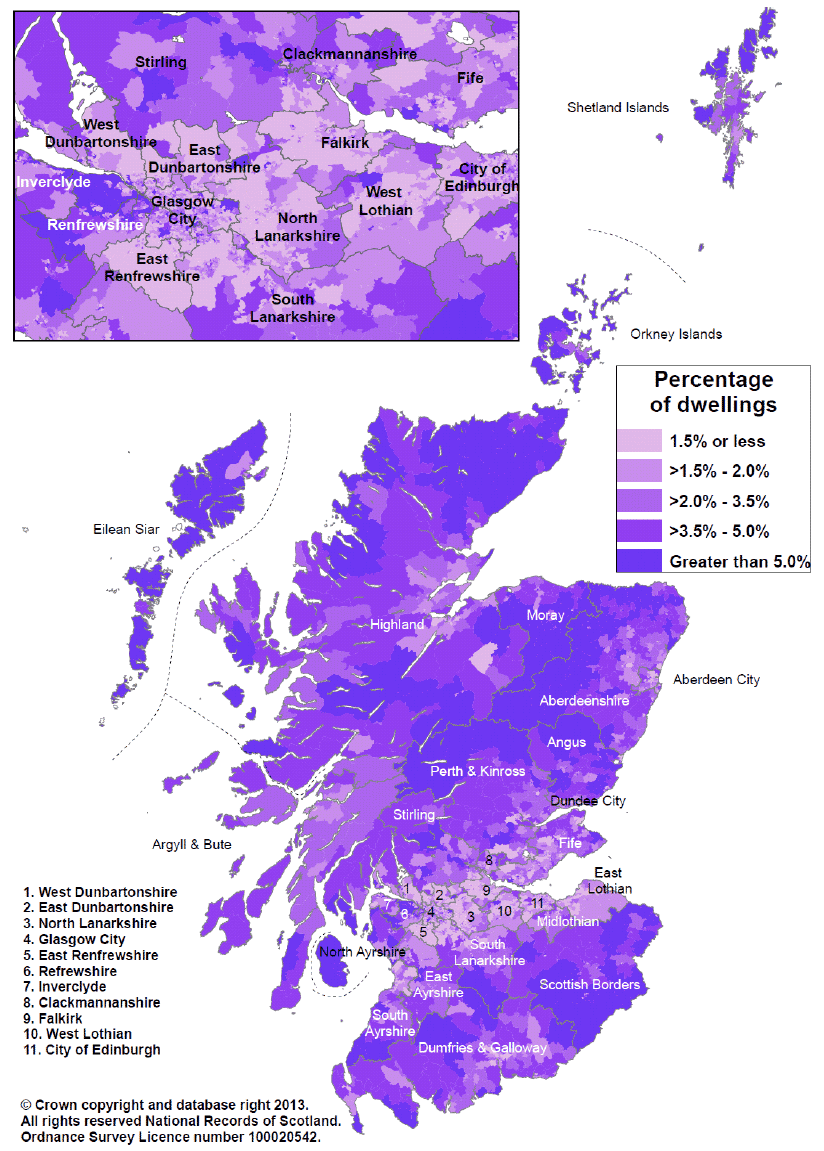 Figure 10: Percentage of dwellings which are vacant in each data zone in Scotland, 2012 (Map)