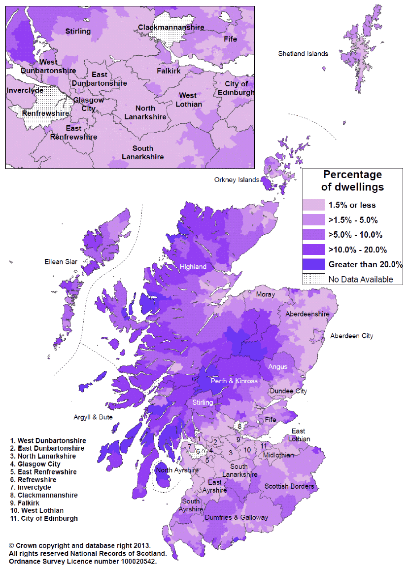 Figure 11: Percentage of dwellings which are second homes in each data zone in Scotland, 2012 (Map)
