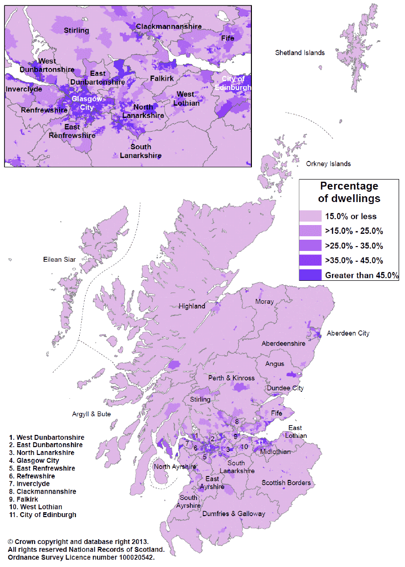 Figure 12: Percentage of dwellings which are flats in each data zone in Scotland, 2012 (Map)