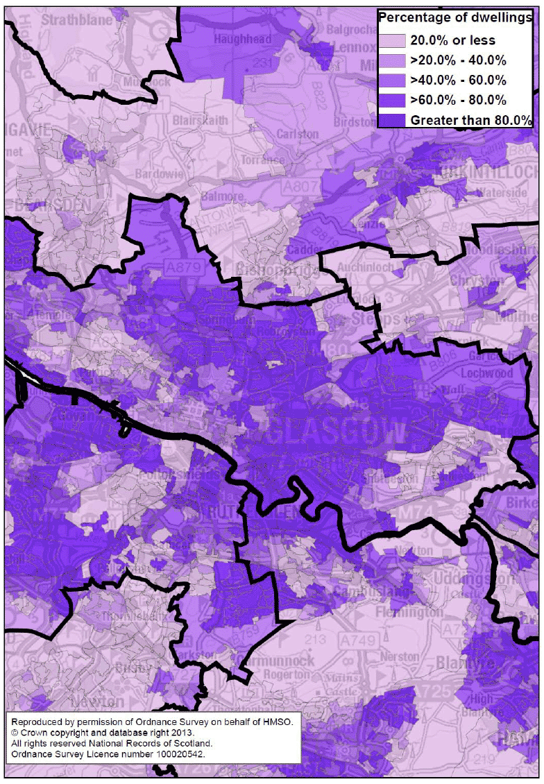 Figure 13: Percentage of dwellings in Council Tax bands A-C in each data zone in Glasgow City, 2012 (Map)
