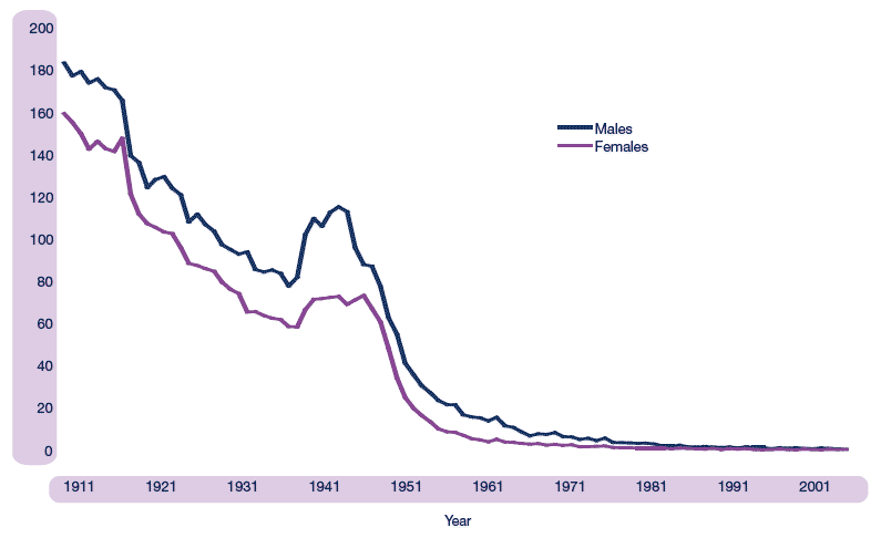 Figure 2.2 Tuberculosis – Age standardised mortality rate (per 100,000), 1911-2005