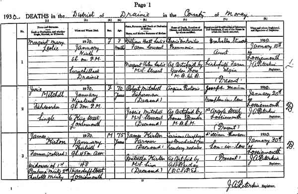 A page from the Statutory Register of Deaths for the district of Drainie in Morayshire
