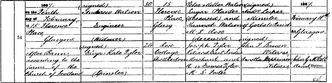Andrew Watson married Eliza Kate Tyler, in Glasgow, February 1887. 