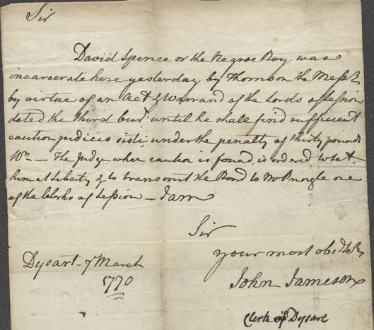 Letter from Jameson stating Spence was incarcerated on 7 March 1770. Crown copyright, National Records of Scotland, CS236/S/3/13 page 1
