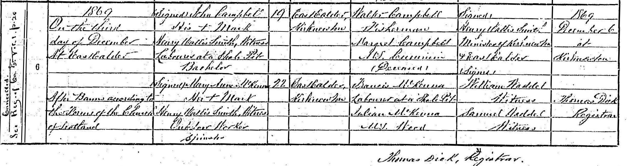 Marriage entry for John Campbell and Mary Ann McKenna in the parish of Kirknewton and East Calder, 1869