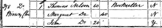 Thomas Nelson listed in the 1841 census as a bookseller, with his wife and son (National Records of Scotland, 1841 census, 685/1 166/3)