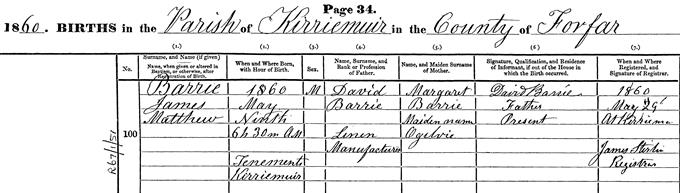 Image showingbBirth entry for J M Barrie