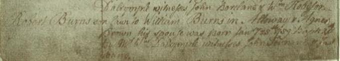 Birth and baptism entry for Robert Burns