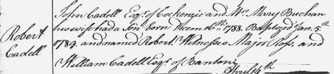 Birth and baptism entry for Robert Cadell