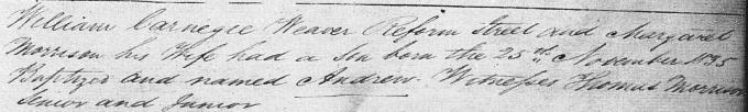 Birth entry for Andrew Carnegie