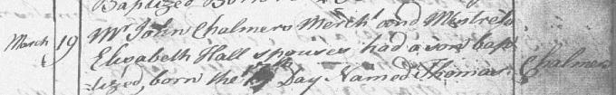 Birth and baptism entry for Thomas Chalmers