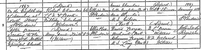 Marriage entry for Robert Chambers - 1867