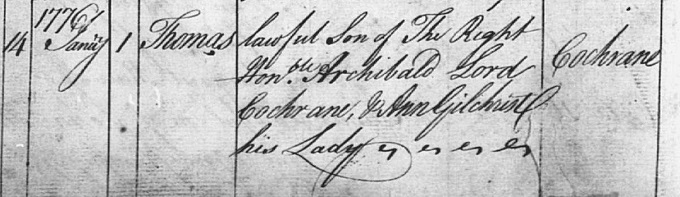 Birth and baptism entry for Thomas Cochrane