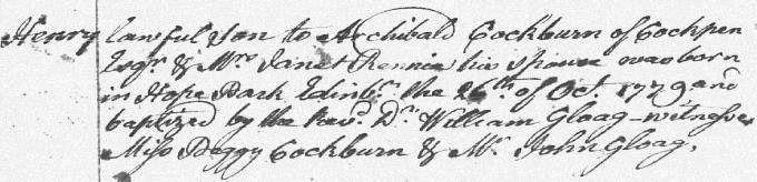 Birth and baptism entry for Henry Cockburn