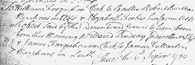 Birth and baptism entry for Robert Fergusson