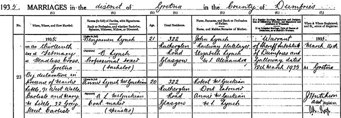 Marriage entry for Benny Lynch