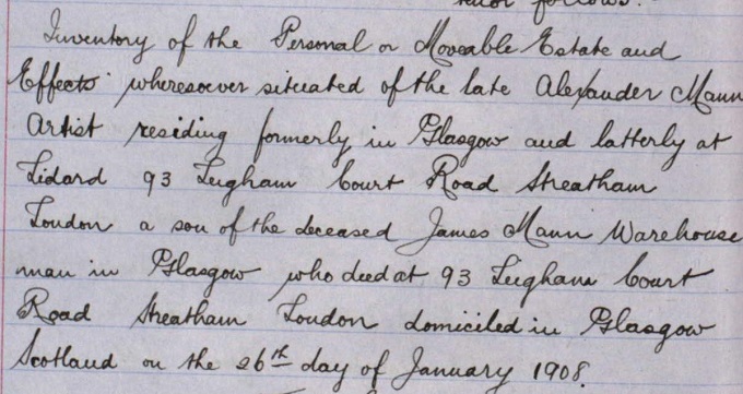 Detail from inventory about death of Alexander Mann