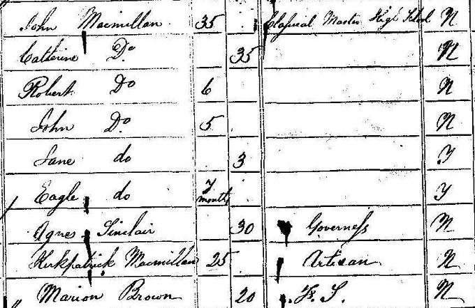 1841 Census record for Kirkpatrick Macmillan
