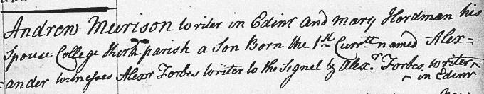Birth and baptism entry for Alexander Morison