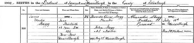 Birth entry for James Stagg