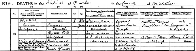 Statutory register of death entry for Phoebe Anna Traquair