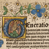 Image of a hand decorated illumination on fifteenth century printed book, Fasciculus temporum omnes antiquorum cronicas complectens by Werner Rolewinck, printed at Strasbourg, circa 1487 (Crown Copyright, National Records of Scotland, GD45/31/1)