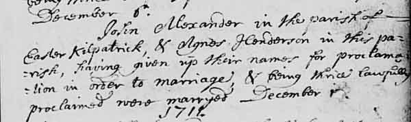 Proclamation of Marriage by Agnes Henderson and John Alexander in the Old Parish Register for Barony (reference OPR 622/60)