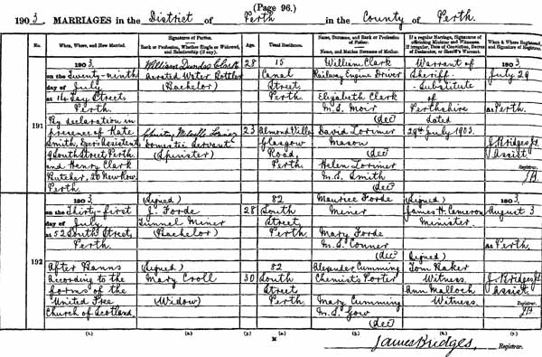 A page from the Statutory Register of Marriages from the Registration District of Perth
