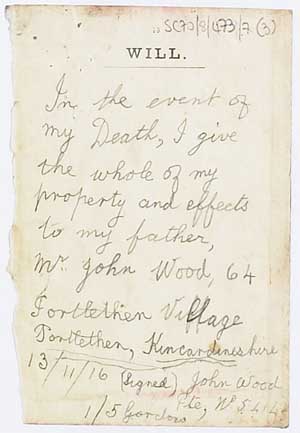 Will of Private John Wood, 1/5th Gordon Highlanders, 1916 (SC70/8/473/7)