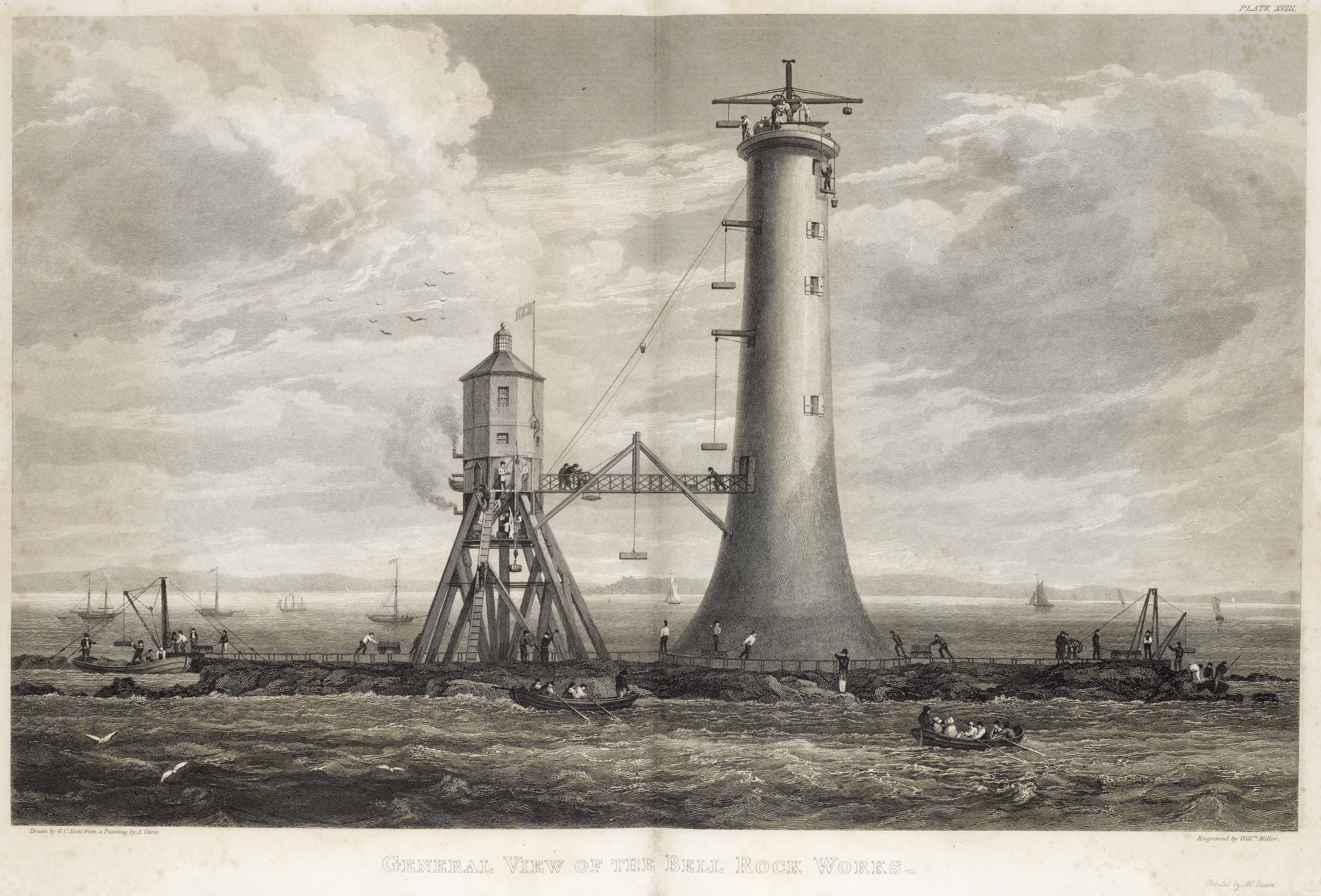 An illustration of the Bell Rock Lighthouse being built