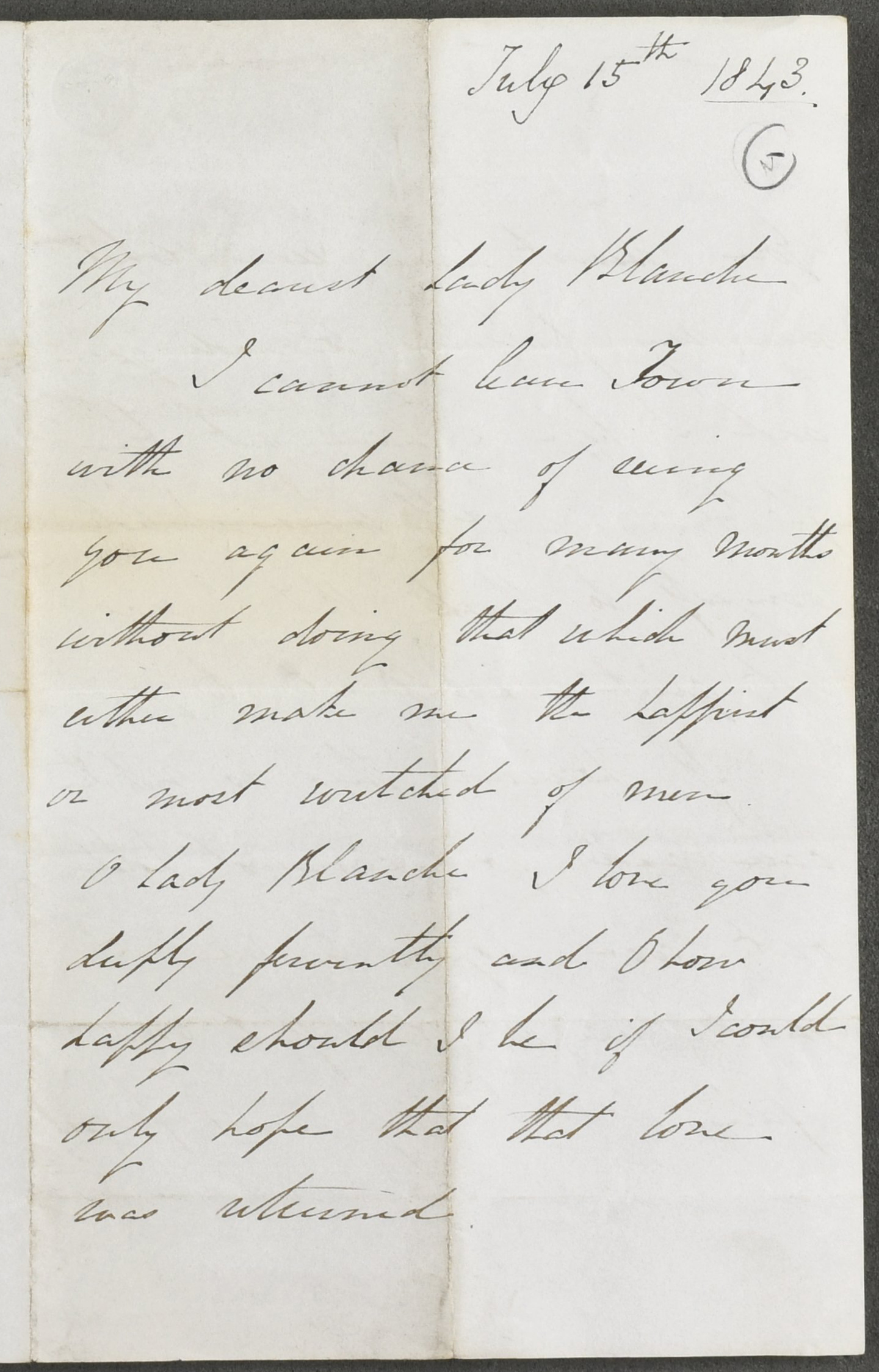 Detail from a letter written to Lady Blanche, 15 July 1843