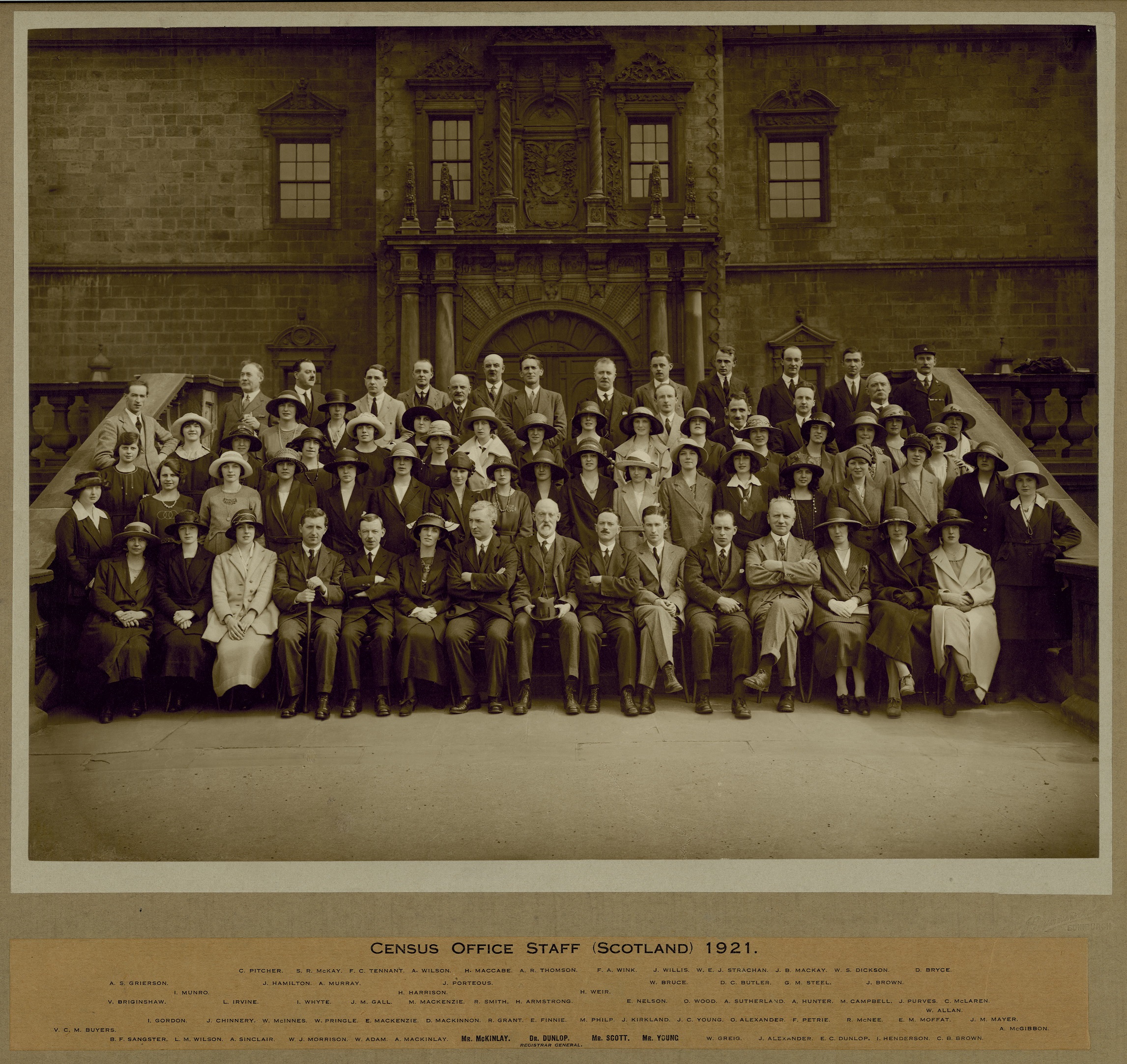 Group photograph including men and women on steps. The staff of the 1921 Scottish Census Office