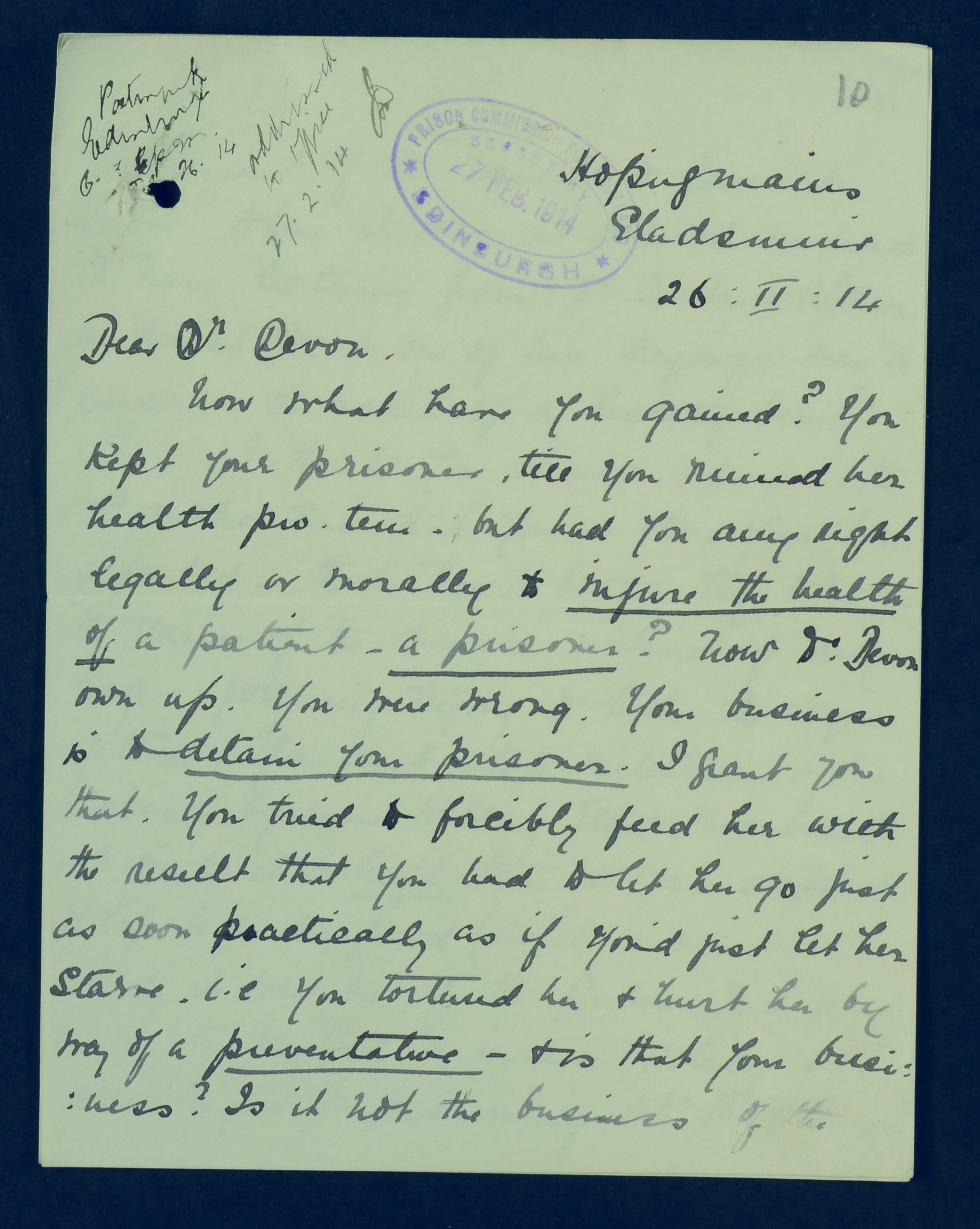 Page 1 of  letter from C. Blair to James Devon, 26 February 1914