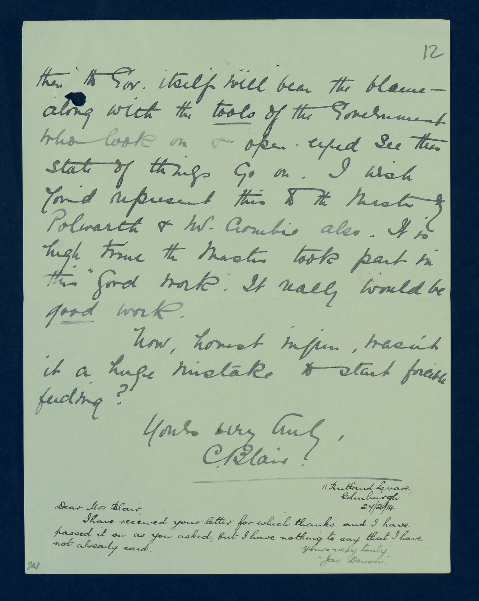 Page 3 of  letter from C. Blair to James Devon, 26 February 1914