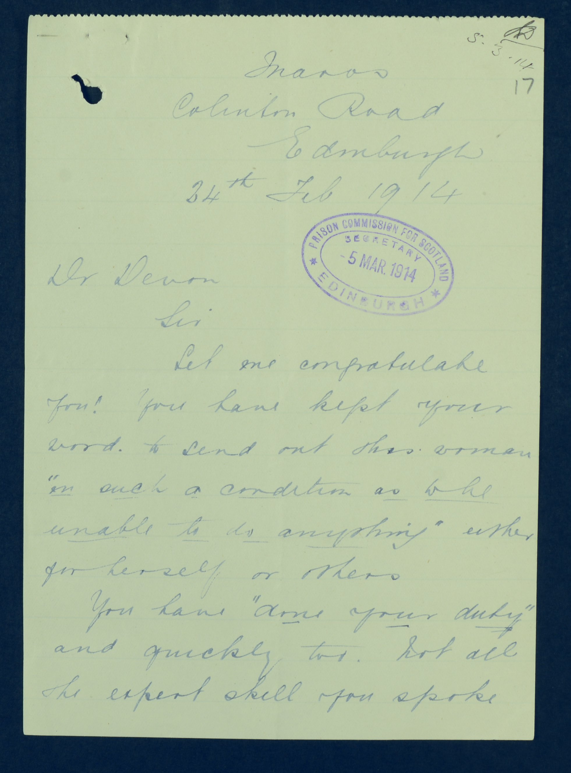 First page of a letter from Elizabeth Gauld to James Devon, 24 February 1914