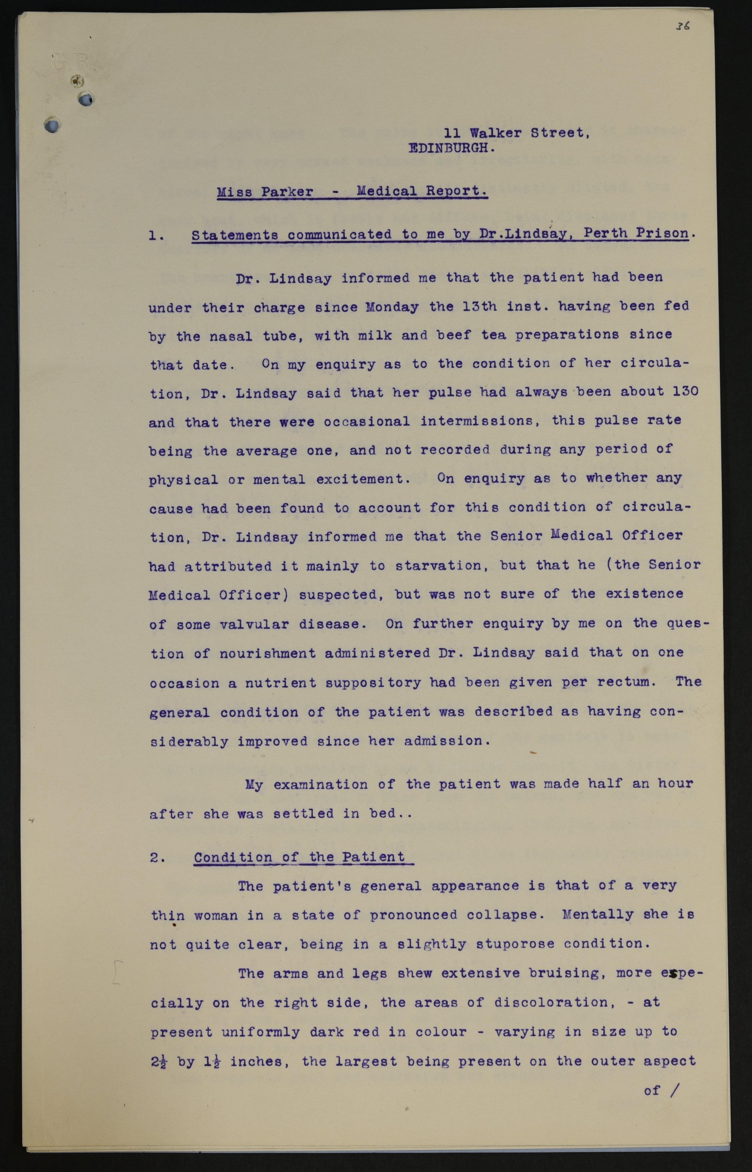 Page 1 of a medical report on Fanny Parker's condition