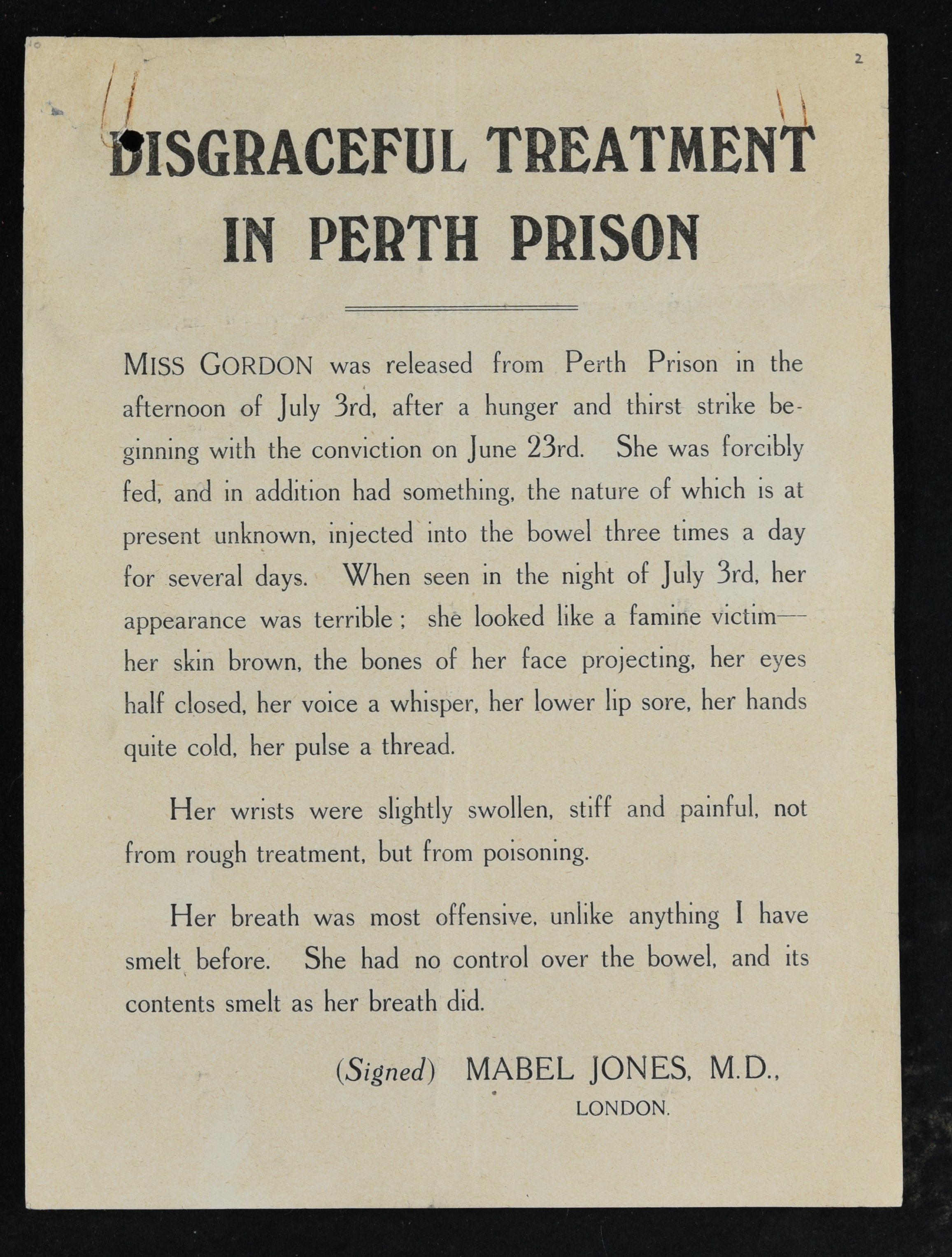 Leaflet titled 'Disgraceful Treatment in Perth Prison'. Reports on the treatment of Frances Gordon 