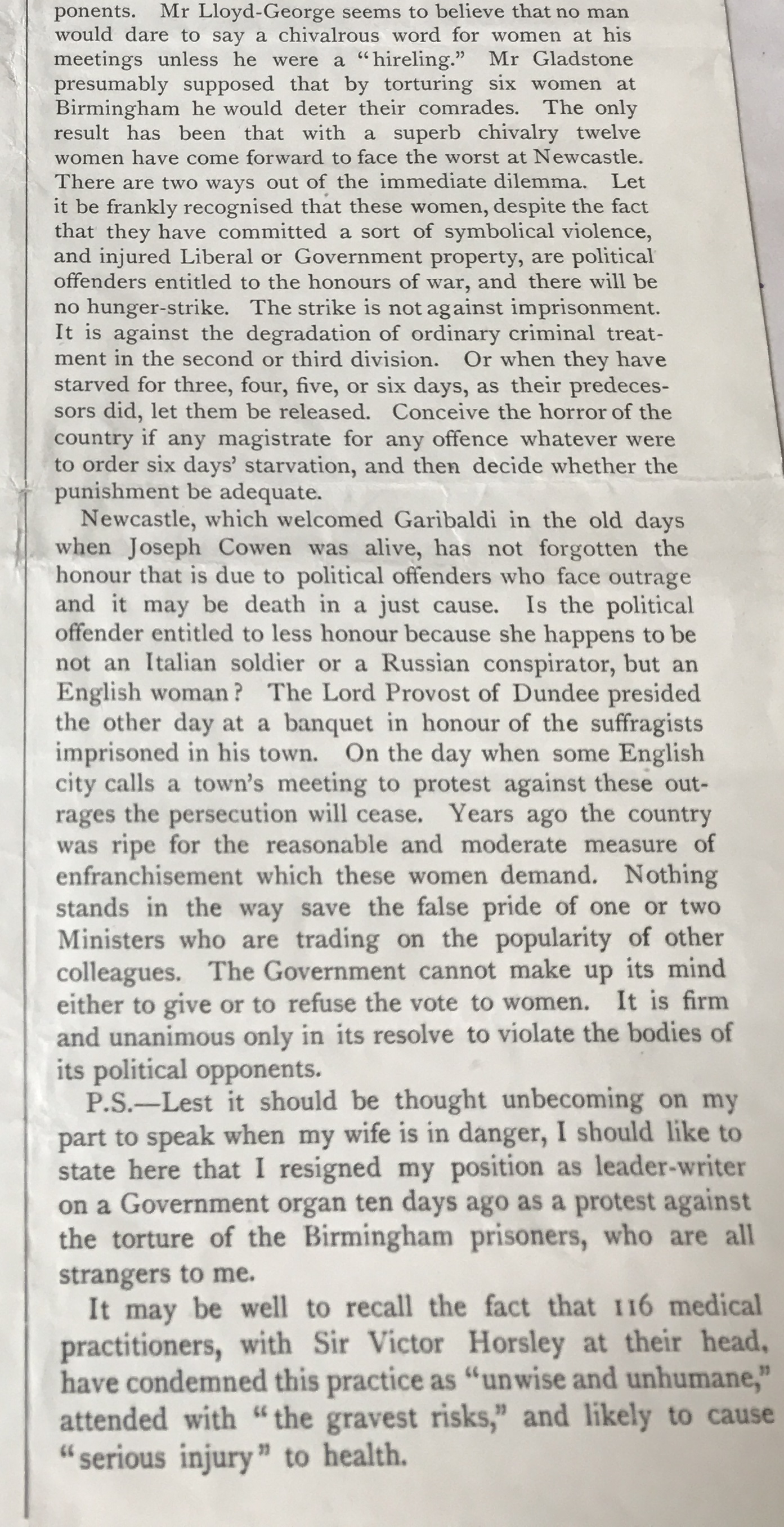 Cropped image of a published excerpt from the article 'Militant Suffragists in Newcastle' by H. N. Brailsford