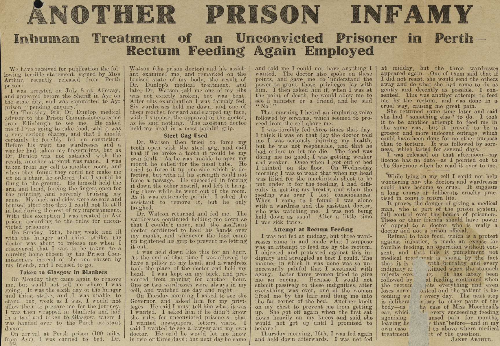 Newspaper cutting with the headline 'Another Prison Infamy. Inhuman Treatment of an Unconvicted Prisoner in Perth. Rectum Feeding Again Employed' 