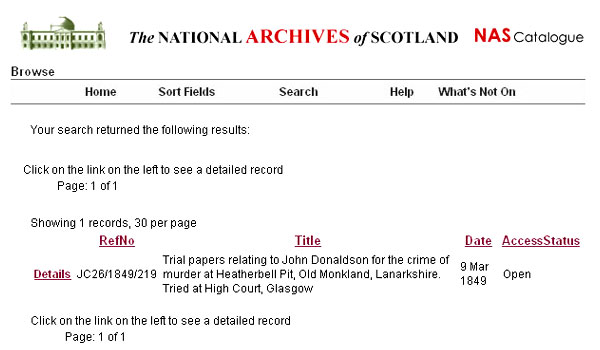 Image showing the results of a catalogue search for a High Court trial