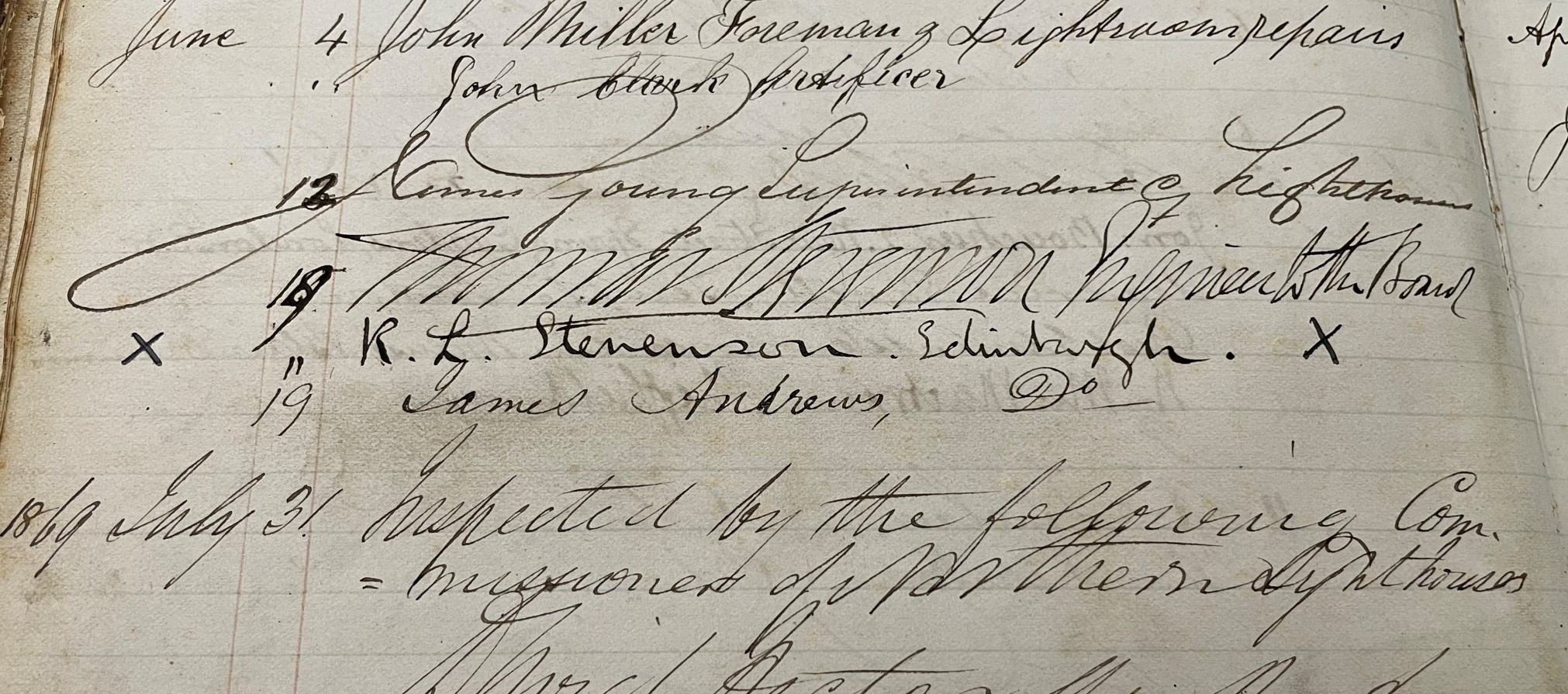 A page of signatures, with the entry 'R.L Stevenson, Edinburgh' marked with an 'x' on either side